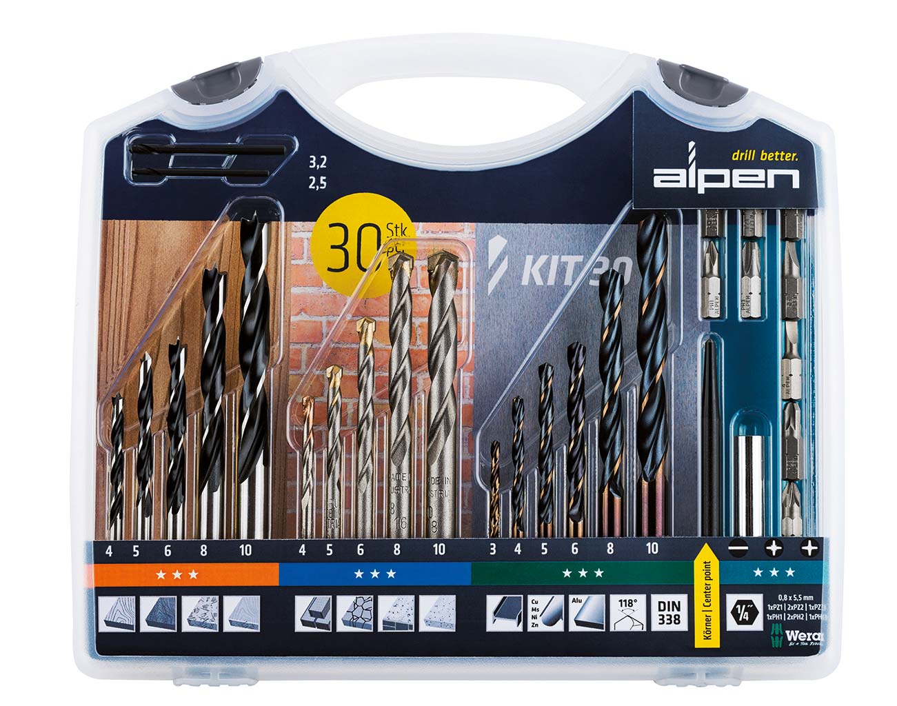 Bohr-Schraubset KIT 30 30-tlg., Metall, Stein/Holz, 9 Bits sort., SATZ, unbeschichtet